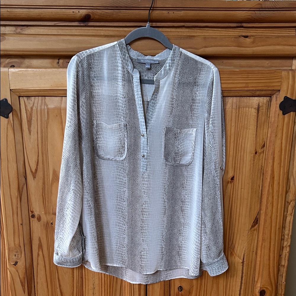NY Collection Grey Snake Skin Print Button Up Top Sheer Women's Large